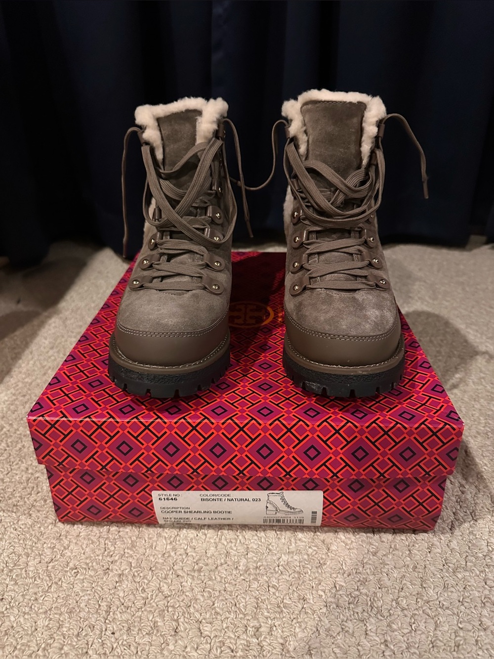 Women’s Tory Burch Taupe Lace-Up Faux-Shearling Lug-Soled Winter Boots